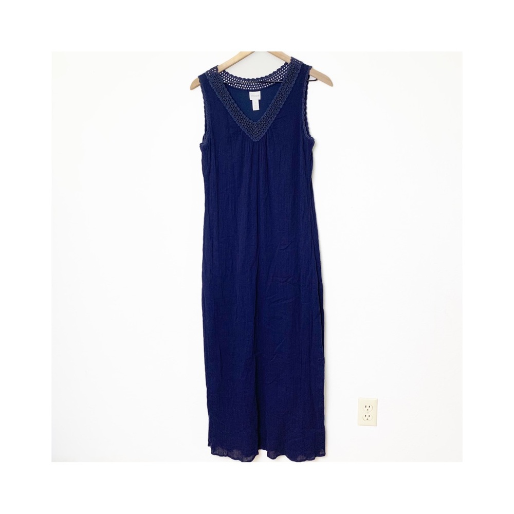 CHICOS Gauze Maxi Dress Sz 1 (8) Navy Blue